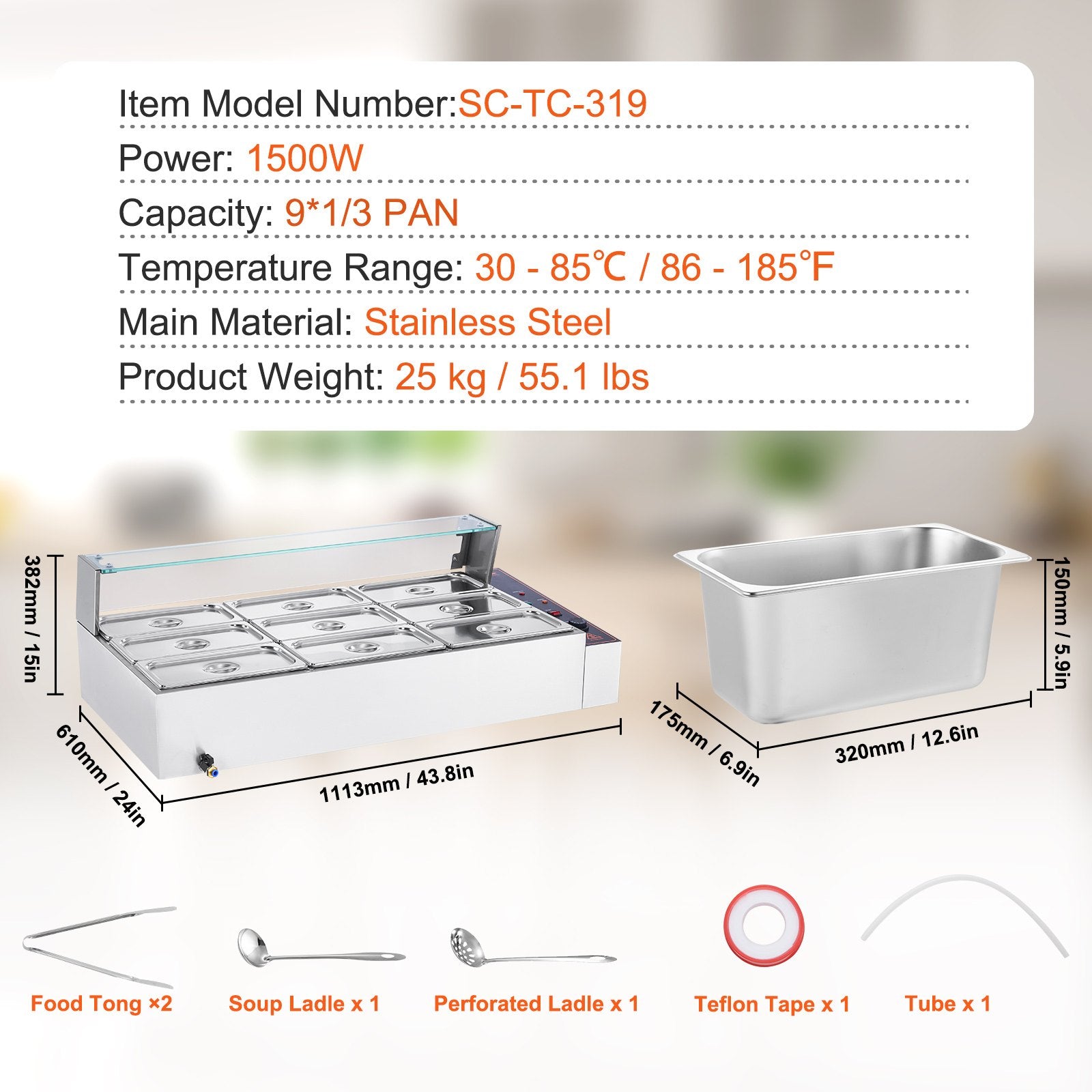 Commercial Electric Food Warmer Countertop Buffet 9*5Qt with Glass Shield V952-SYSPBWQ913FS5WYYOV3