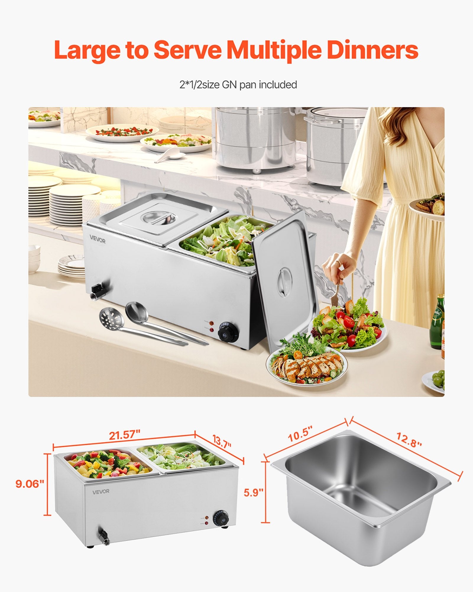 Commercial Food Warmer, 2-Pan Electric Steam Table, 1200W Professional Countertop Stainless Steel Buffet Bain V952-SYSPBWQPTK21AMZ4ZV3