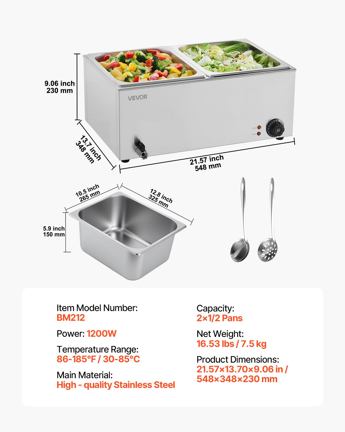 Commercial Food Warmer, 2-Pan Electric Steam Table, 1200W Professional Countertop Stainless Steel Buffet Bain V952-SYSPBWQPTK21AMZ4ZV3