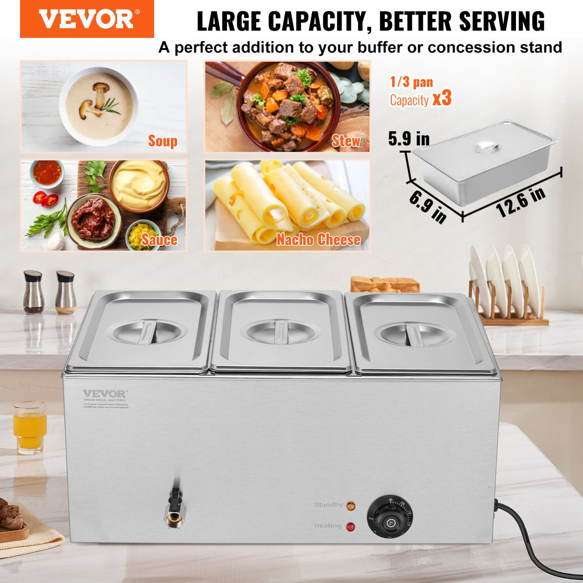 3-Pan Commercial Food Warmer, 16.5L Electric Steam Table, 1200W Professional Countertop Stainless Steel V952-SYSPBWQPTK31E3ZVSV3