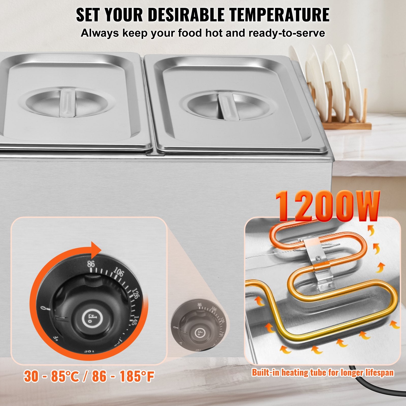 3-Pan Commercial Food Warmer, 16.5L Electric Steam Table, 1200W Professional Countertop Stainless Steel V952-SYSPBWQPTK31E3ZVSV3