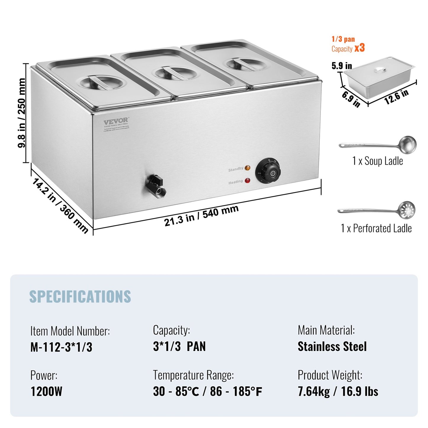 3-Pan Commercial Food Warmer, 16.5L Electric Steam Table, 1200W Professional Countertop Stainless Steel V952-SYSPBWQPTK31E3ZVSV3