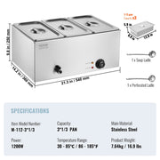 3-Pan Commercial Food Warmer, 16.5L Electric Steam Table, 1200W Professional Countertop Stainless Steel V952-SYSPBWQPTK31E3ZVSV3