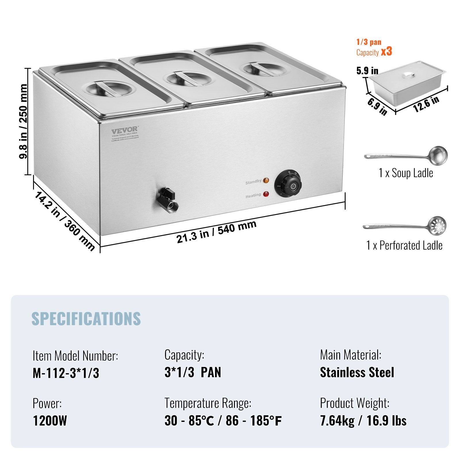 3-Pan Commercial Food Warmer, 16.5L Electric Steam Table, 1200W Professional Countertop Stainless Steel V952-SYSPBWQPTK31E3ZVSV3