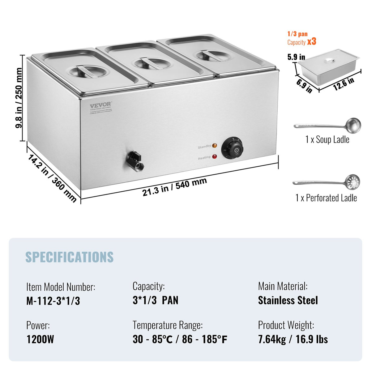 3-Pan Commercial Food Warmer, 16.5L Electric Steam Table, 1200W Professional Countertop Stainless Steel V952-SYSPBWQPTK31E3ZVSV3