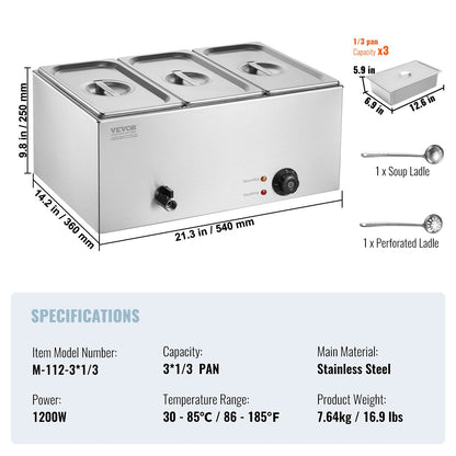 3-Pan Commercial Food Warmer, 16.5L Electric Steam Table, 1200W Professional Countertop Stainless Steel V952-SYSPBWQPTK31E3ZVSV3
