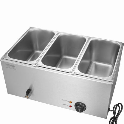 3-Pan Commercial Food Warmer, 16.5L Electric Steam Table, 1200W Professional Countertop Stainless Steel V952-SYSPBWQPTK31E3ZVSV3