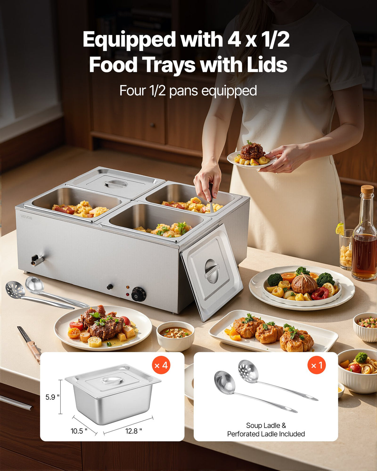 Commercial Food Warmer, 1500W Electric Stainless Steel Steam Food Warmer with Lid, 4-Pan Fast Heating V952-SYSPBWQPTK41SB7R9002V3