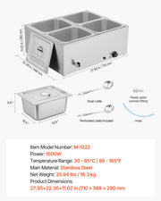 Commercial Food Warmer, 1500W Electric Stainless Steel Steam Food Warmer with Lid, 4-Pan Fast Heating V952-SYSPBWQPTK41SB7R9002V3