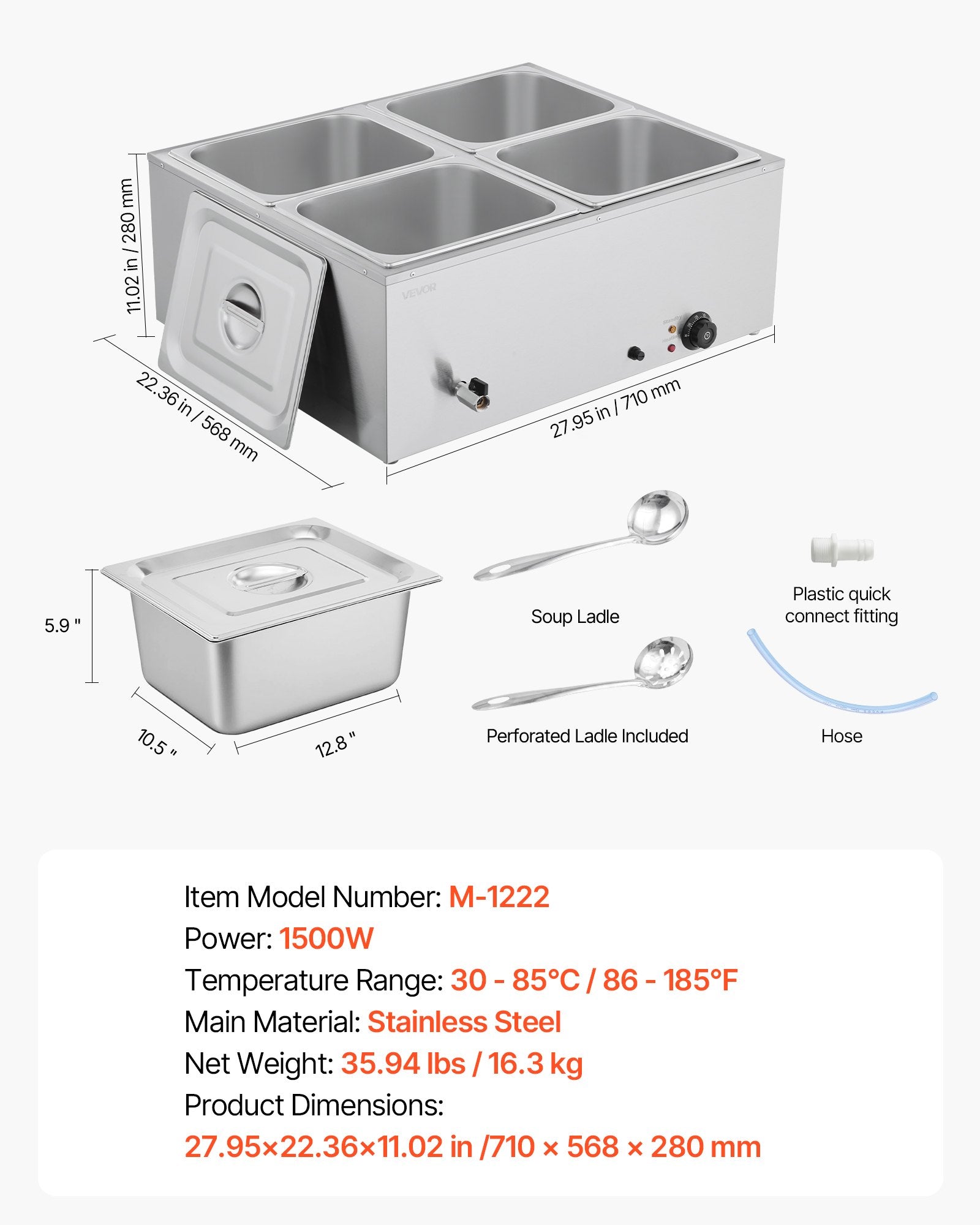 Commercial Food Warmer, 1500W Electric Stainless Steel Steam Food Warmer with Lid, 4-Pan Fast Heating V952-SYSPBWQPTK41SB7R9002V3
