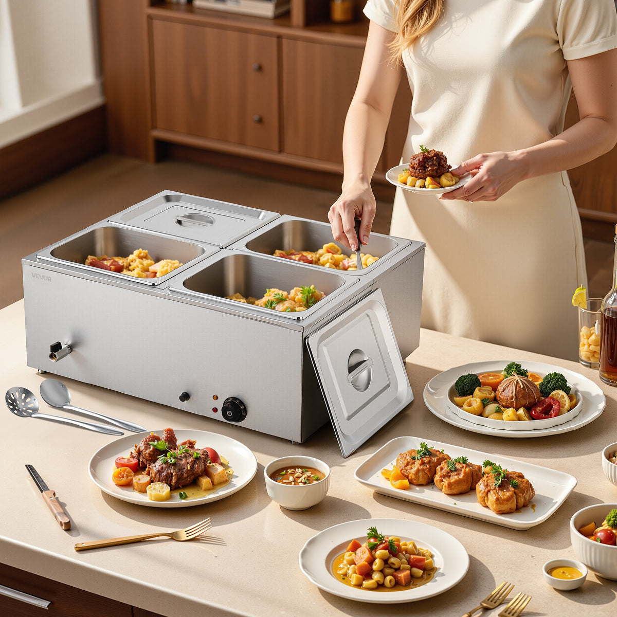 Commercial Food Warmer, 1500W Electric Stainless Steel Steam Food Warmer with Lid, 4-Pan Fast Heating V952-SYSPBWQPTK41SB7R9002V3