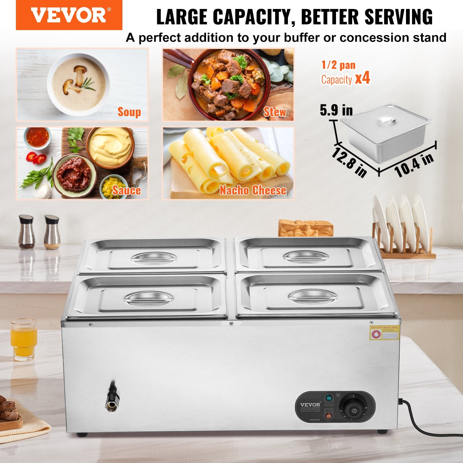 Commercial Electric Food Warmer Countertop Buffet 4*8Qt Pan Bain Marie V952-SYSPBWQPTK41SB7R9V3