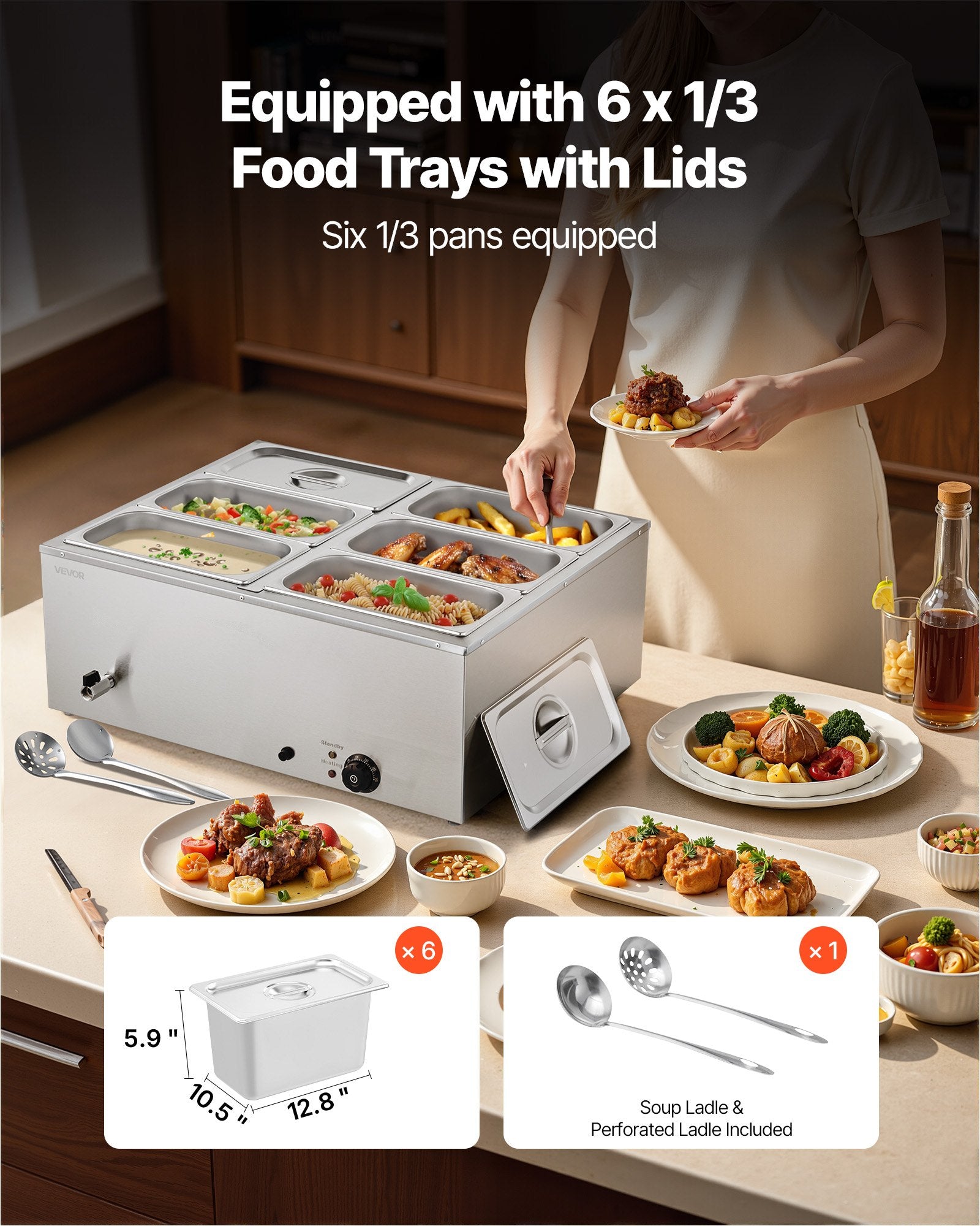 Commercial Food Warmer, 1500W Electric Stainless Steel Steam Food Warmer with Lid, 6-Pan Fast Heating V952-SYSPBWQPTK61338ZN002V3