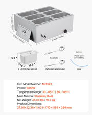 Commercial Food Warmer, 1500W Electric Stainless Steel Steam Food Warmer with Lid, 6-Pan Fast Heating V952-SYSPBWQPTK61338ZN002V3