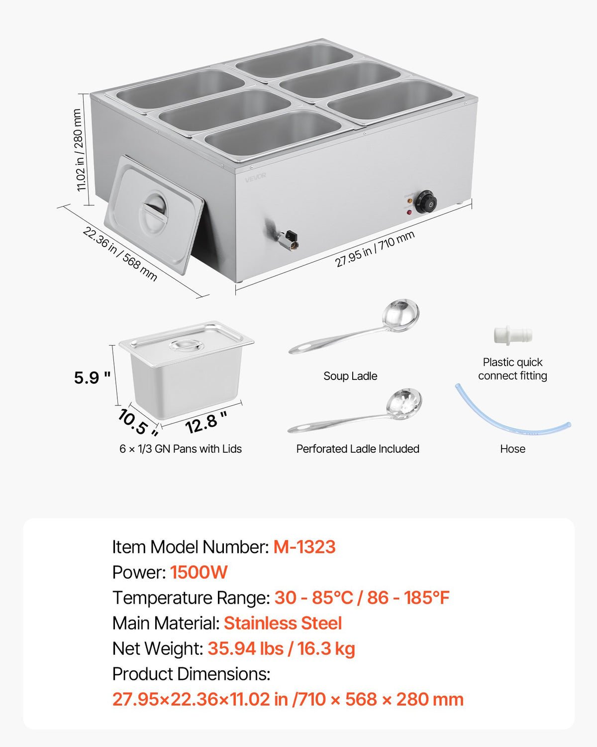Commercial Food Warmer, 1500W Electric Stainless Steel Steam Food Warmer with Lid, 6-Pan Fast Heating V952-SYSPBWQPTK61338ZN002V3