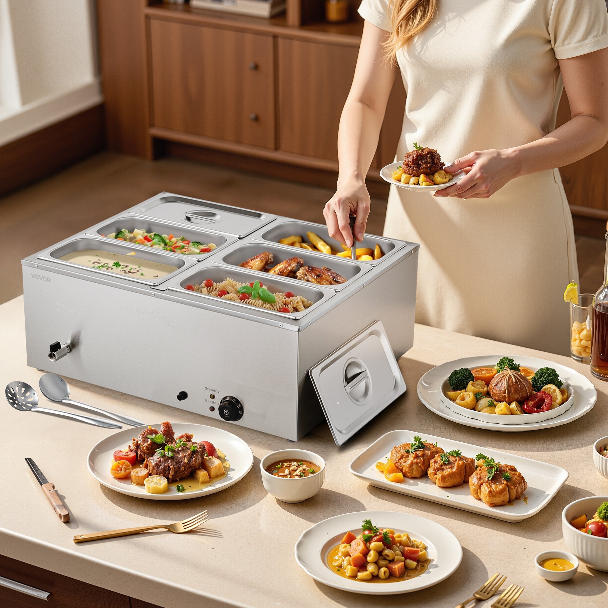 Commercial Food Warmer, 1500W Electric Stainless Steel Steam Food Warmer with Lid, 6-Pan Fast Heating V952-SYSPBWQPTK61338ZN002V3