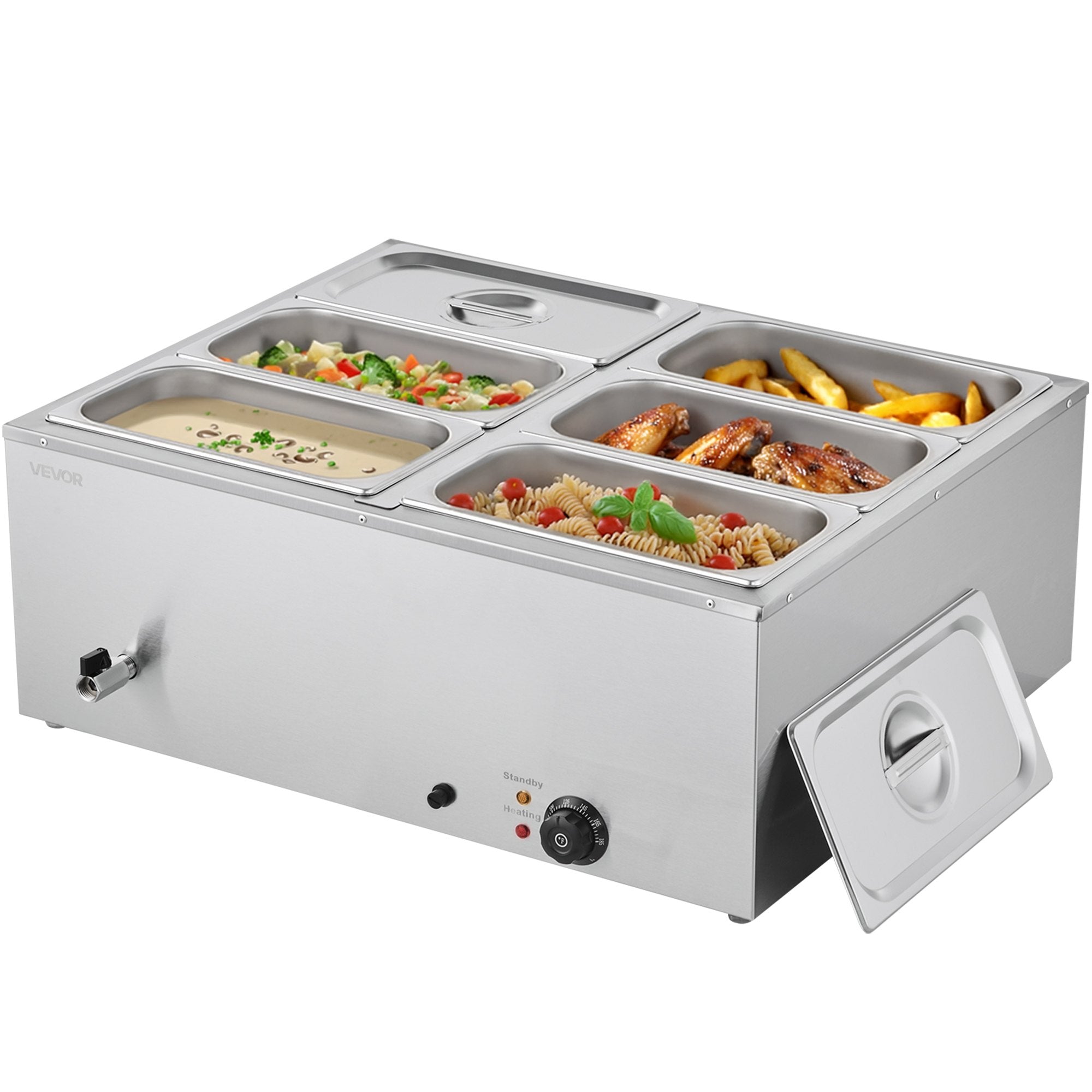 Commercial Food Warmer, 1500W Electric Stainless Steel Steam Food Warmer with Lid, 6-Pan Fast Heating V952-SYSPBWQPTK61338ZN002V3