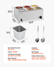 Commercial Food Warmer, 6-Pan Electric Steam Table, 1200W Professional Countertop Stainless Steel Buffet Bain V952-SYSPBWQPTK61BPPMXV3