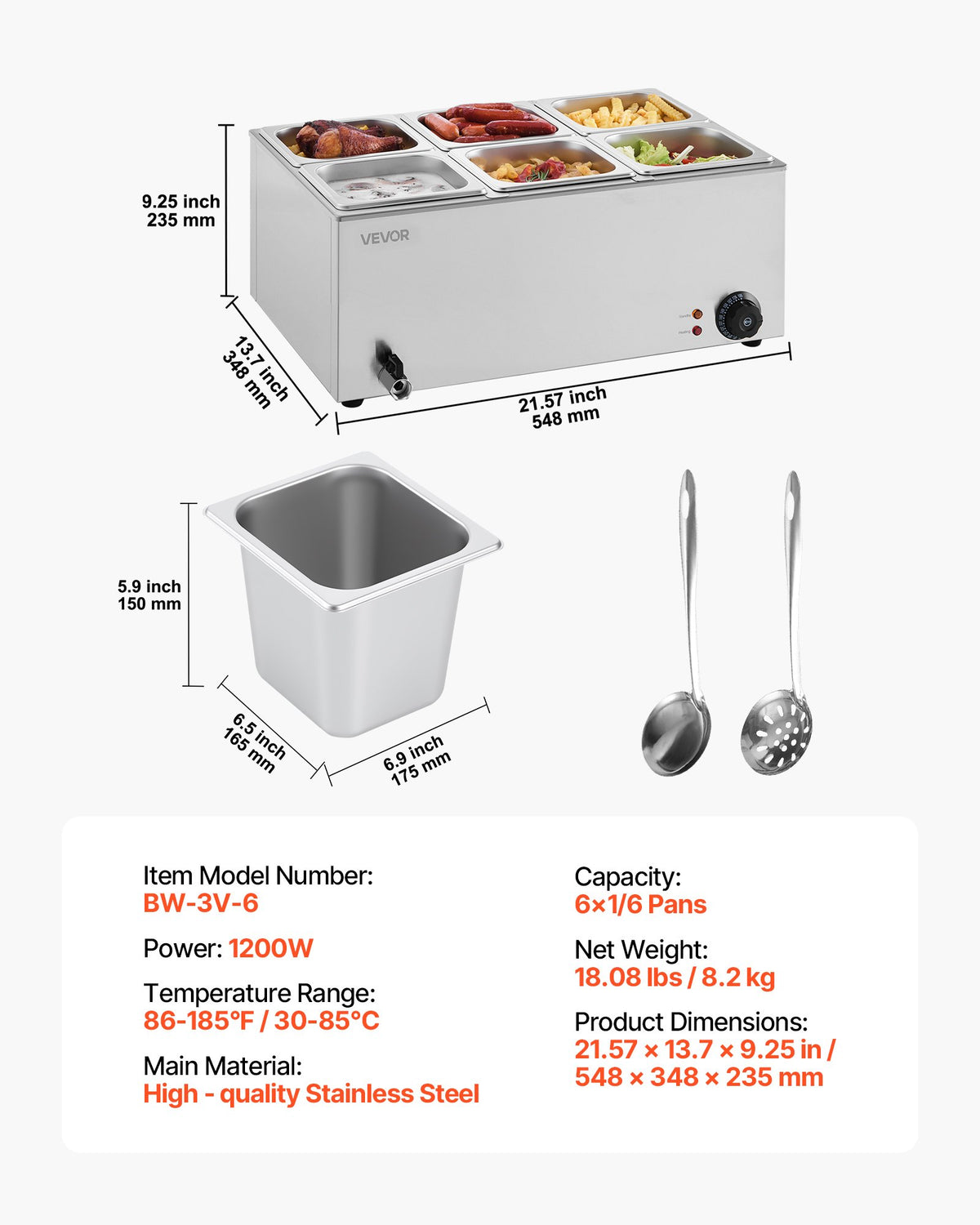 Commercial Food Warmer, 6-Pan Electric Steam Table, 1200W Professional Countertop Stainless Steel Buffet Bain V952-SYSPBWQPTK61BPPMXV3