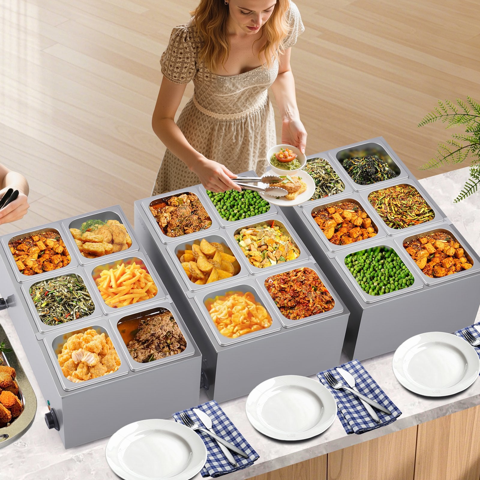 Commercial Food Warmer, 6-Pan Electric Steam Table, 1200W Professional Countertop Stainless Steel Buffet Bain V952-SYSPBWQPTK61BPPMXV3