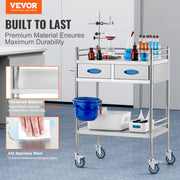 Lab Serving Cart, 2 Layers Stainless Steel Utility Rolling Cart, Medical Cart with Two Drawers, Dental V952-SYSST42014302PL3ZV0