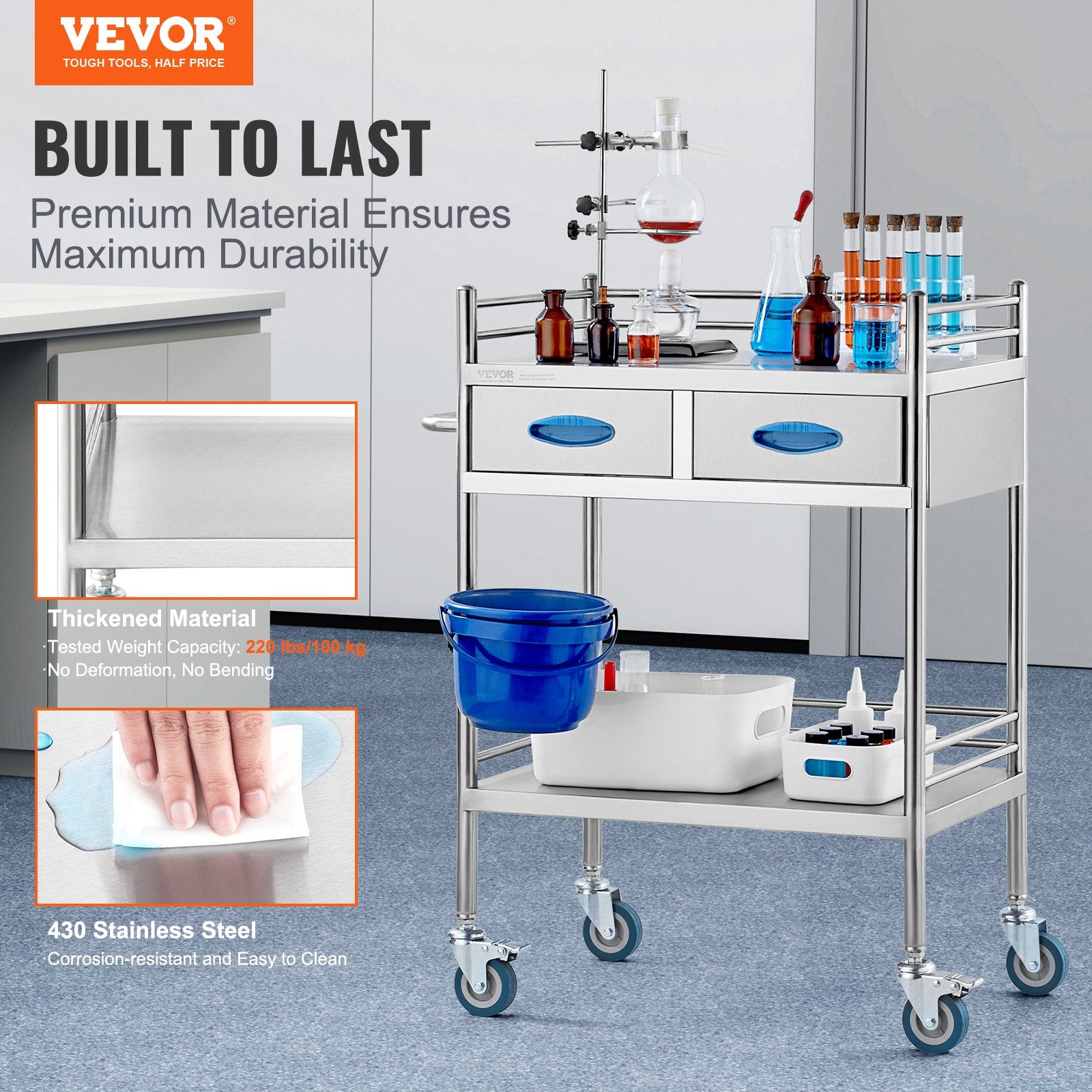 Lab Serving Cart, 2 Layers Stainless Steel Utility Rolling Cart, Medical Cart with Two Drawers, Dental V952-SYSST42014302PL3ZV0