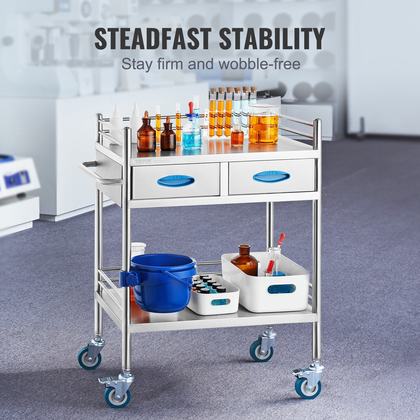Lab Serving Cart, 2 Layers Stainless Steel Utility Rolling Cart, Medical Cart with Two Drawers, Dental V952-SYSST42014302PL3ZV0