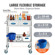 Lab Serving Cart, 2 Layers Stainless Steel Utility Rolling Cart, Medical Cart with Two Drawers, Dental V952-SYSST42014302PL3ZV0