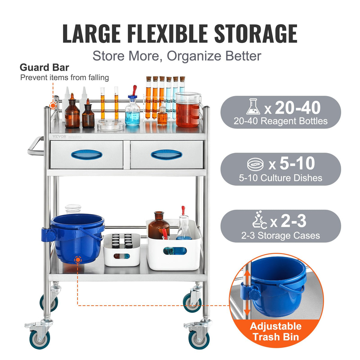 Lab Serving Cart, 2 Layers Stainless Steel Utility Rolling Cart, Medical Cart with Two Drawers, Dental V952-SYSST42014302PL3ZV0