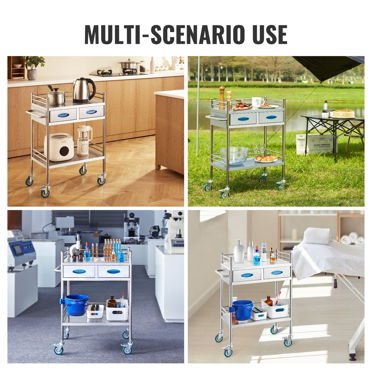 Lab Serving Cart, 2 Layers Stainless Steel Utility Rolling Cart, Medical Cart with Two Drawers, Dental V952-SYSST42014302PL3ZV0