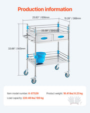 Lab Serving Cart, 2 Layers Stainless Steel Utility Rolling Cart, Medical Cart with Two Drawers, Dental V952-SYSST42014302PL3ZV0