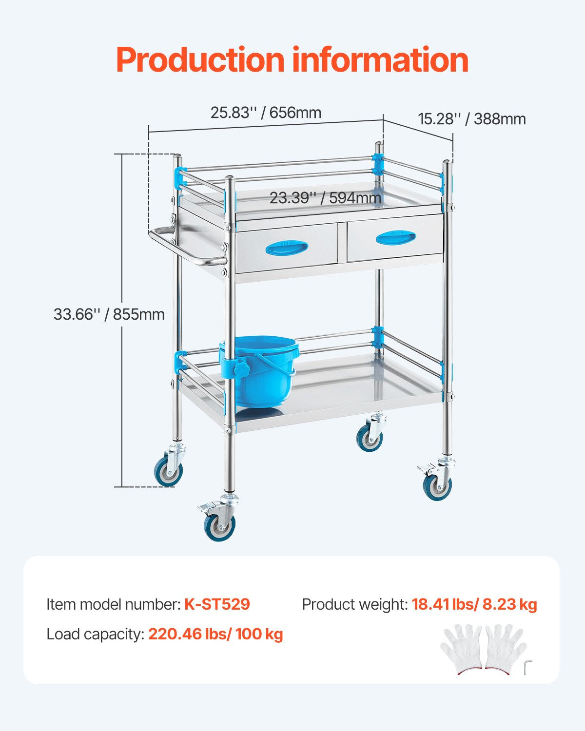 Lab Serving Cart, 2 Layers Stainless Steel Utility Rolling Cart, Medical Cart with Two Drawers, Dental V952-SYSST42014302PL3ZV0