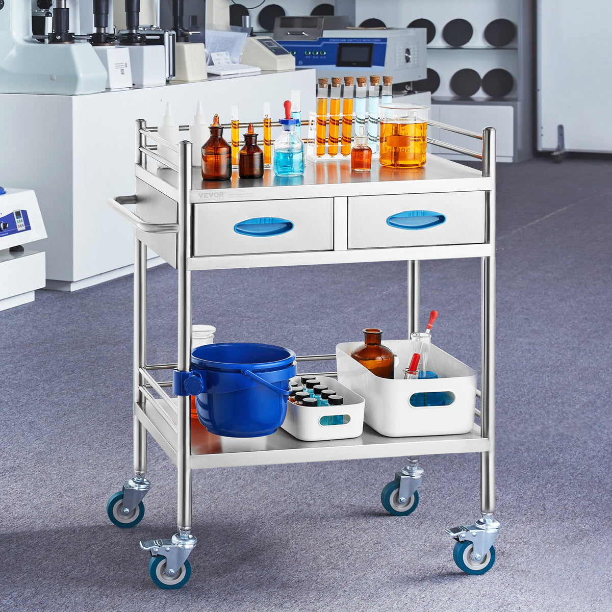 Lab Serving Cart, 2 Layers Stainless Steel Utility Rolling Cart, Medical Cart with Two Drawers, Dental V952-SYSST42014302PL3ZV0