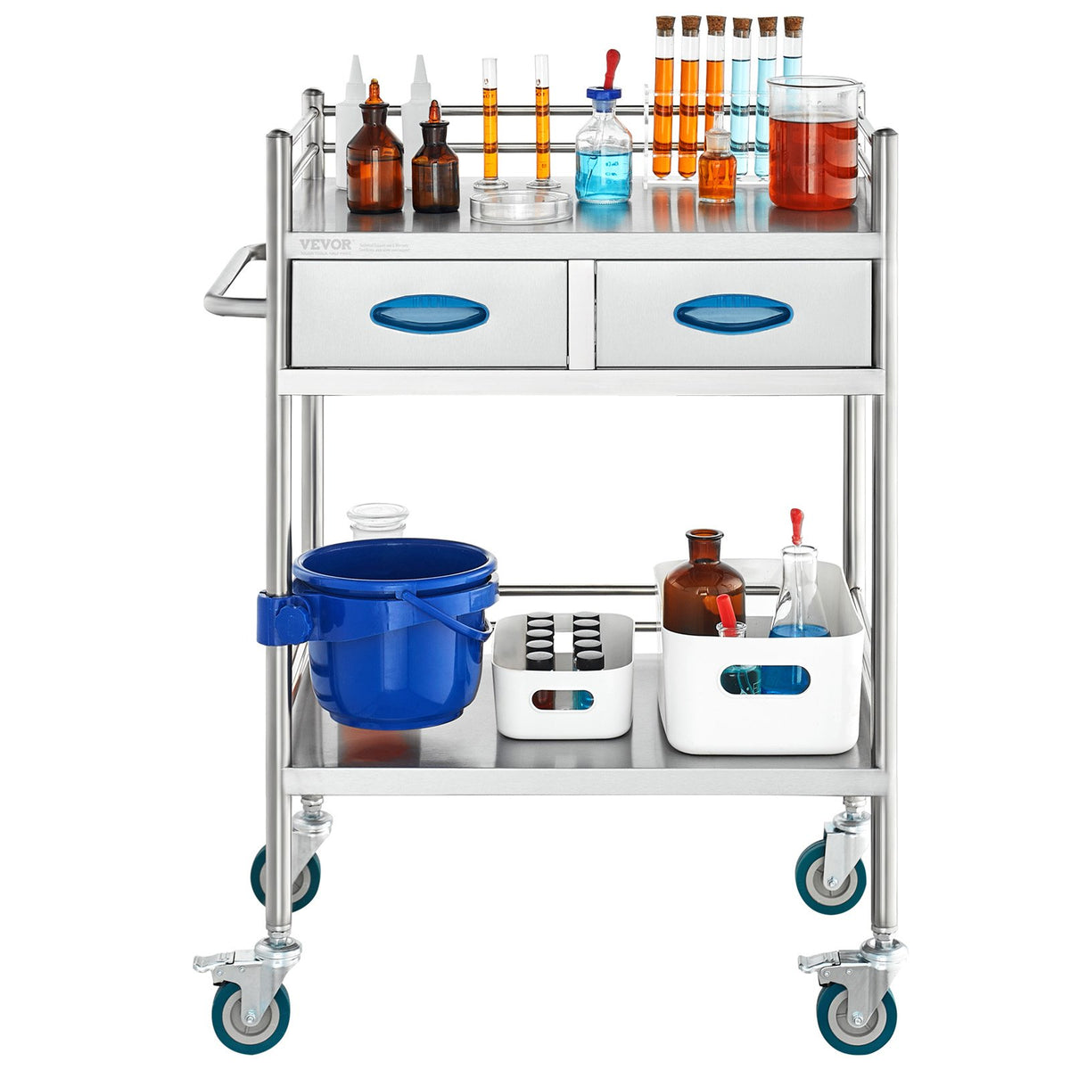Lab Serving Cart, 2 Layers Stainless Steel Utility Rolling Cart, Medical Cart with Two Drawers, Dental V952-SYSST42014302PL3ZV0