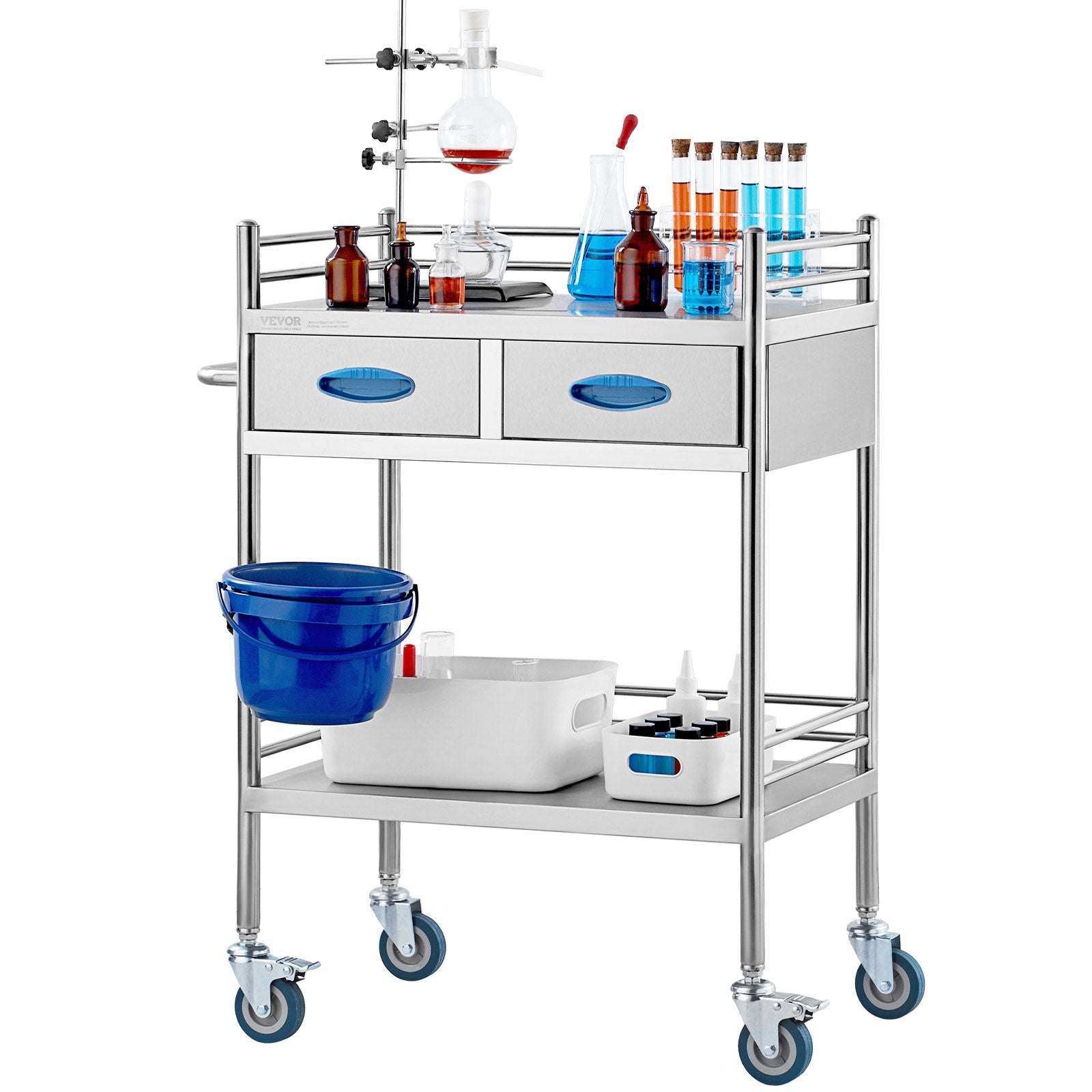 Lab Serving Cart, 2 Layers Stainless Steel Utility Rolling Cart, Medical Cart with Two Drawers, Dental V952-SYSST42014302PL3ZV0
