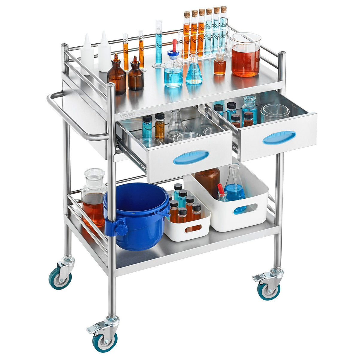Lab Serving Cart, 2 Layers Stainless Steel Utility Rolling Cart, Medical Cart with Two Drawers, Dental V952-SYSST42014302PL3ZV0