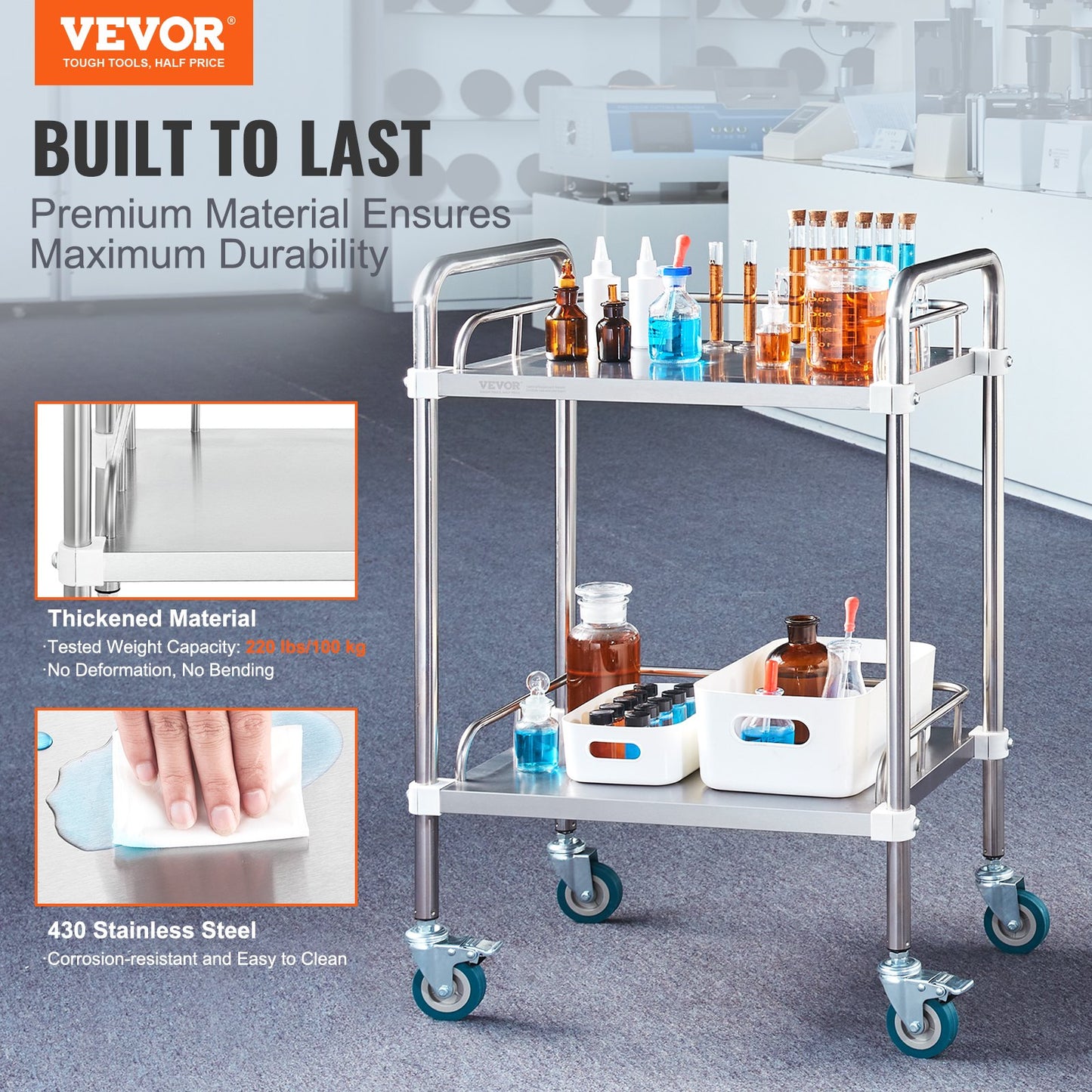 Lab Rolling Cart, 2-Shelf Stainless Steel Rolling Cart, Lab Serving Cart with Swivel Casters, Dental Utility V952-SYSST42014302X42AV0