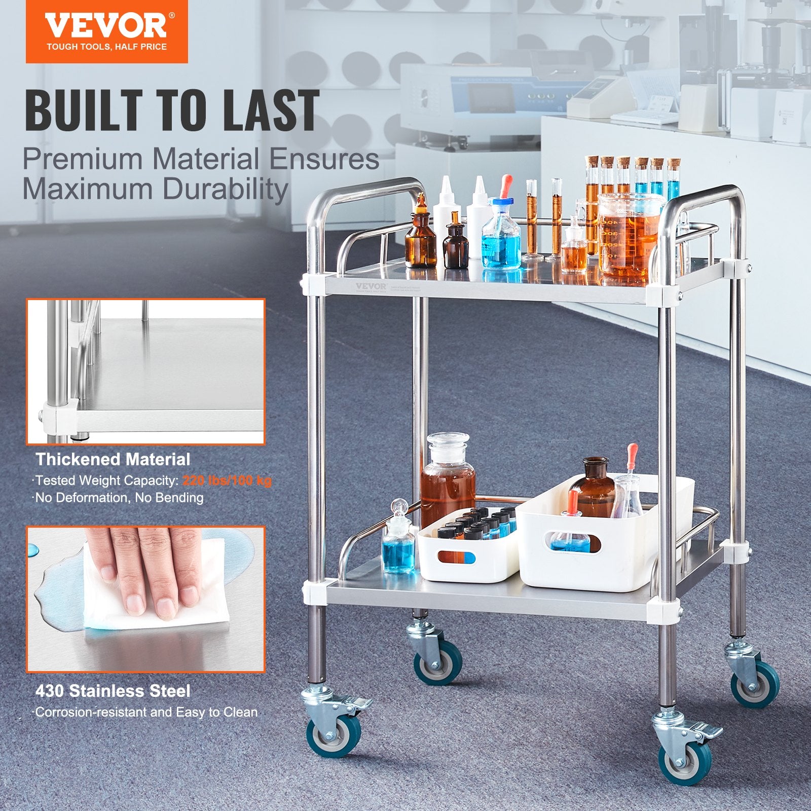 Lab Rolling Cart, 2-Shelf Stainless Steel Rolling Cart, Lab Serving Cart with Swivel Casters, Dental Utility V952-SYSST42014302X42AV0