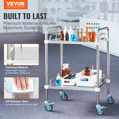 Lab Rolling Cart, 2-Shelf Stainless Steel Rolling Cart, Lab Serving Cart with Swivel Casters, Dental Utility V952-SYSST42014302X42AV0