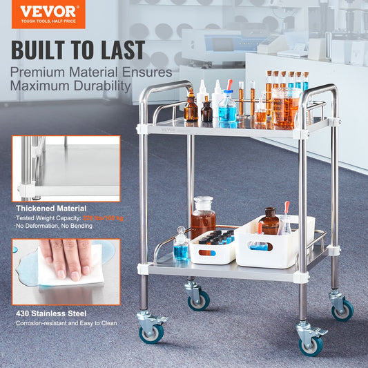 Lab Rolling Cart, 2-Shelf Stainless Steel Rolling Cart, Lab Serving Cart with Swivel Casters, Dental Utility V952-SYSST42014302X42AV0