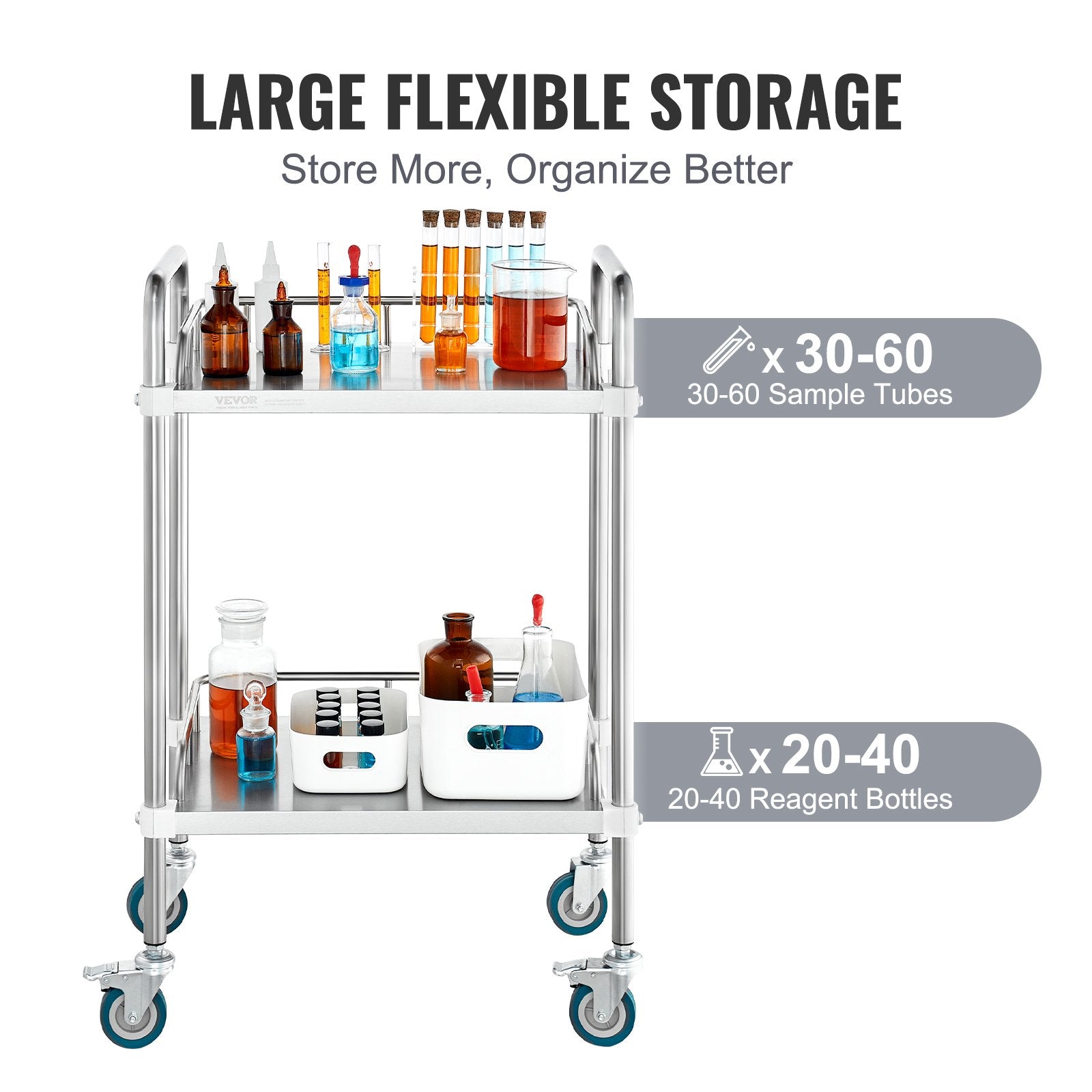 Lab Rolling Cart, 2-Shelf Stainless Steel Rolling Cart, Lab Serving Cart with Swivel Casters, Dental Utility V952-SYSST42014302X42AV0