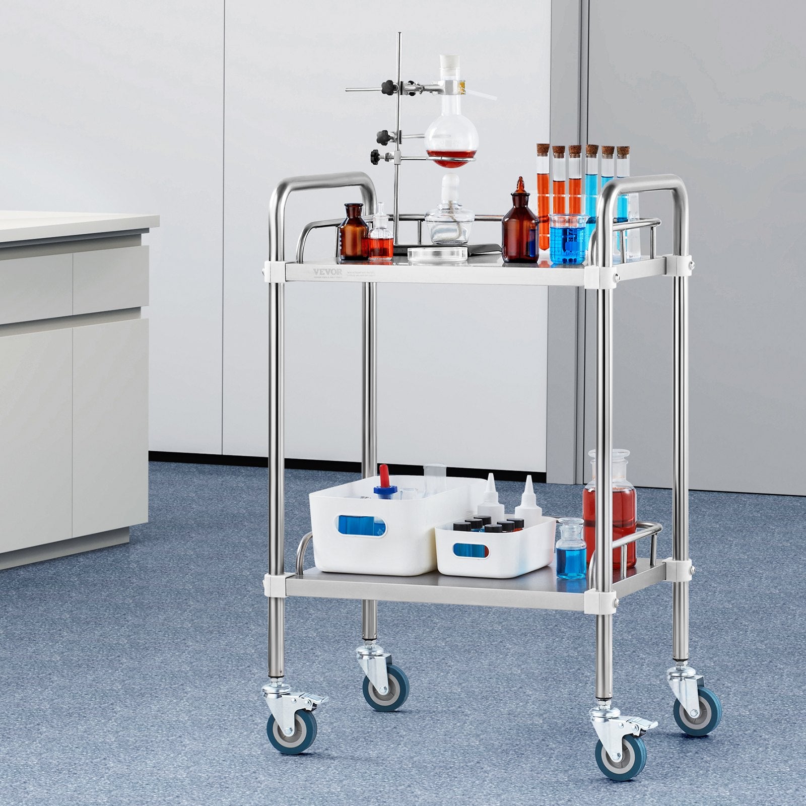 Lab Rolling Cart, 2-Shelf Stainless Steel Rolling Cart, Lab Serving Cart with Swivel Casters, Dental Utility V952-SYSST42014302X42AV0