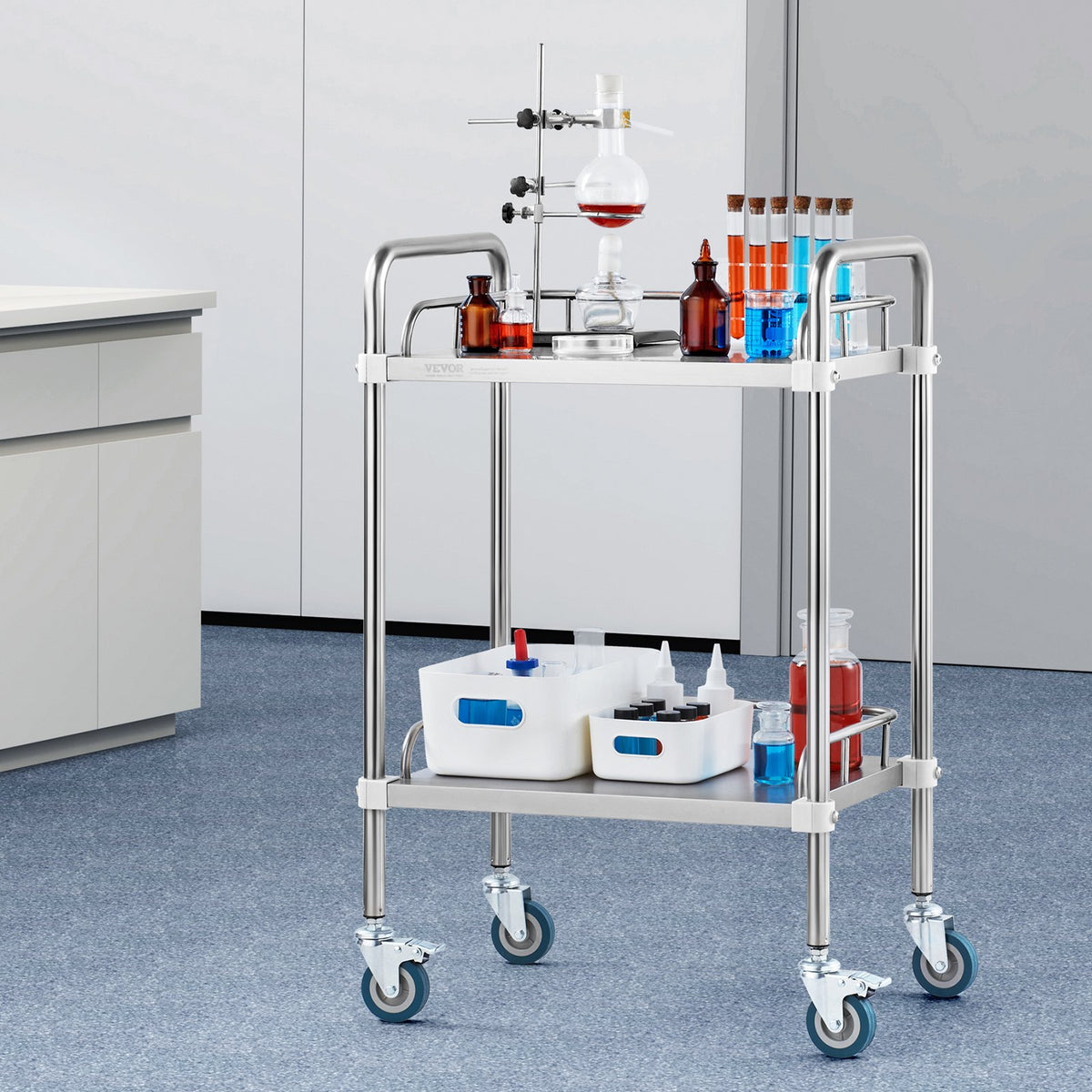 Lab Rolling Cart, 2-Shelf Stainless Steel Rolling Cart, Lab Serving Cart with Swivel Casters, Dental Utility V952-SYSST42014302X42AV0