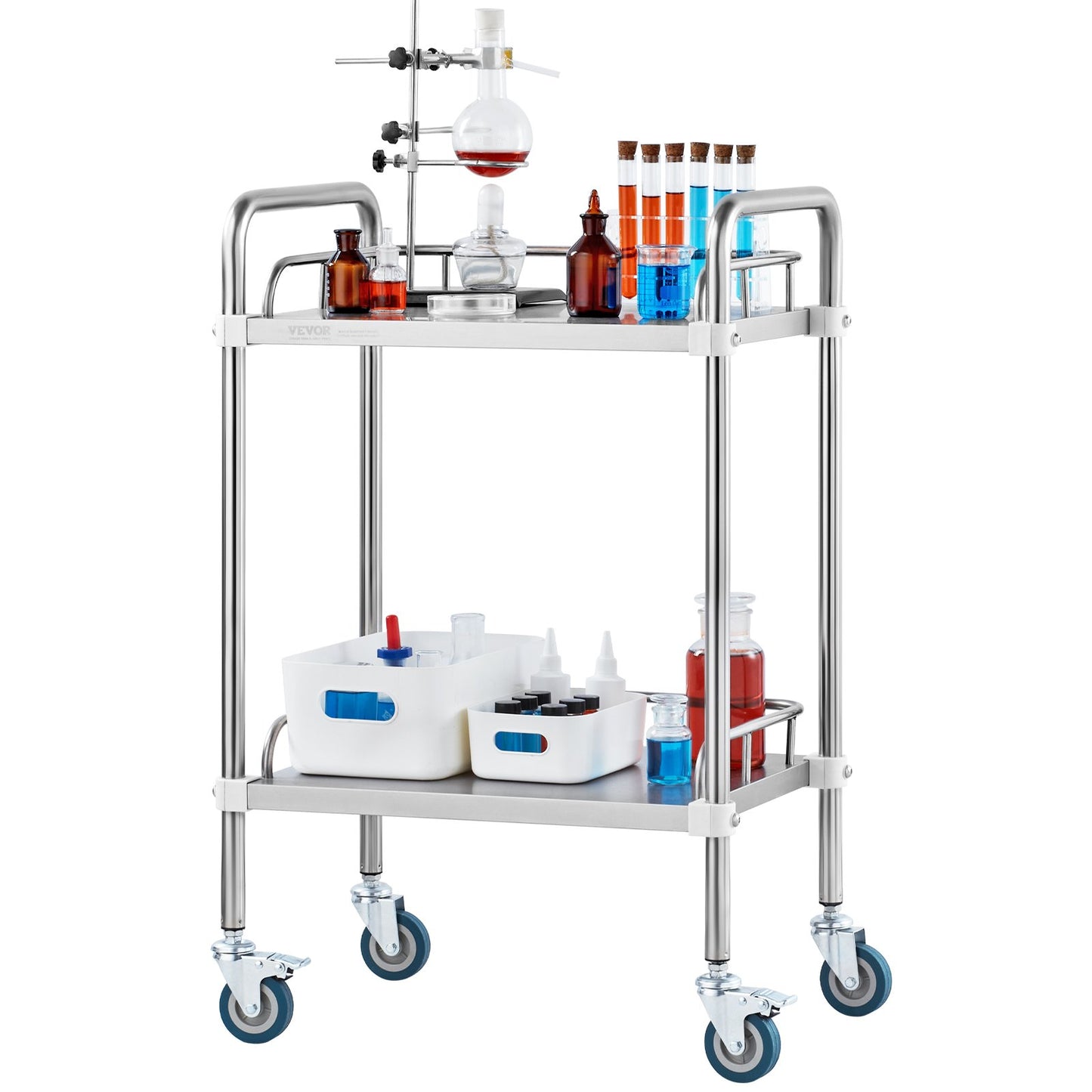 Lab Rolling Cart, 2-Shelf Stainless Steel Rolling Cart, Lab Serving Cart with Swivel Casters, Dental Utility V952-SYSST42014302X42AV0