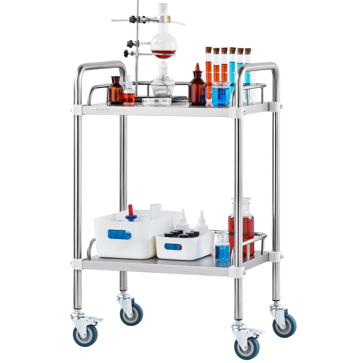 Lab Rolling Cart, 2-Shelf Stainless Steel Rolling Cart, Lab Serving Cart with Swivel Casters, Dental Utility V952-SYSST42014302X42AV0