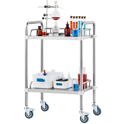 Lab Rolling Cart, 2-Shelf Stainless Steel Rolling Cart, Lab Serving Cart with Swivel Casters, Dental Utility V952-SYSST42014302X42AV0