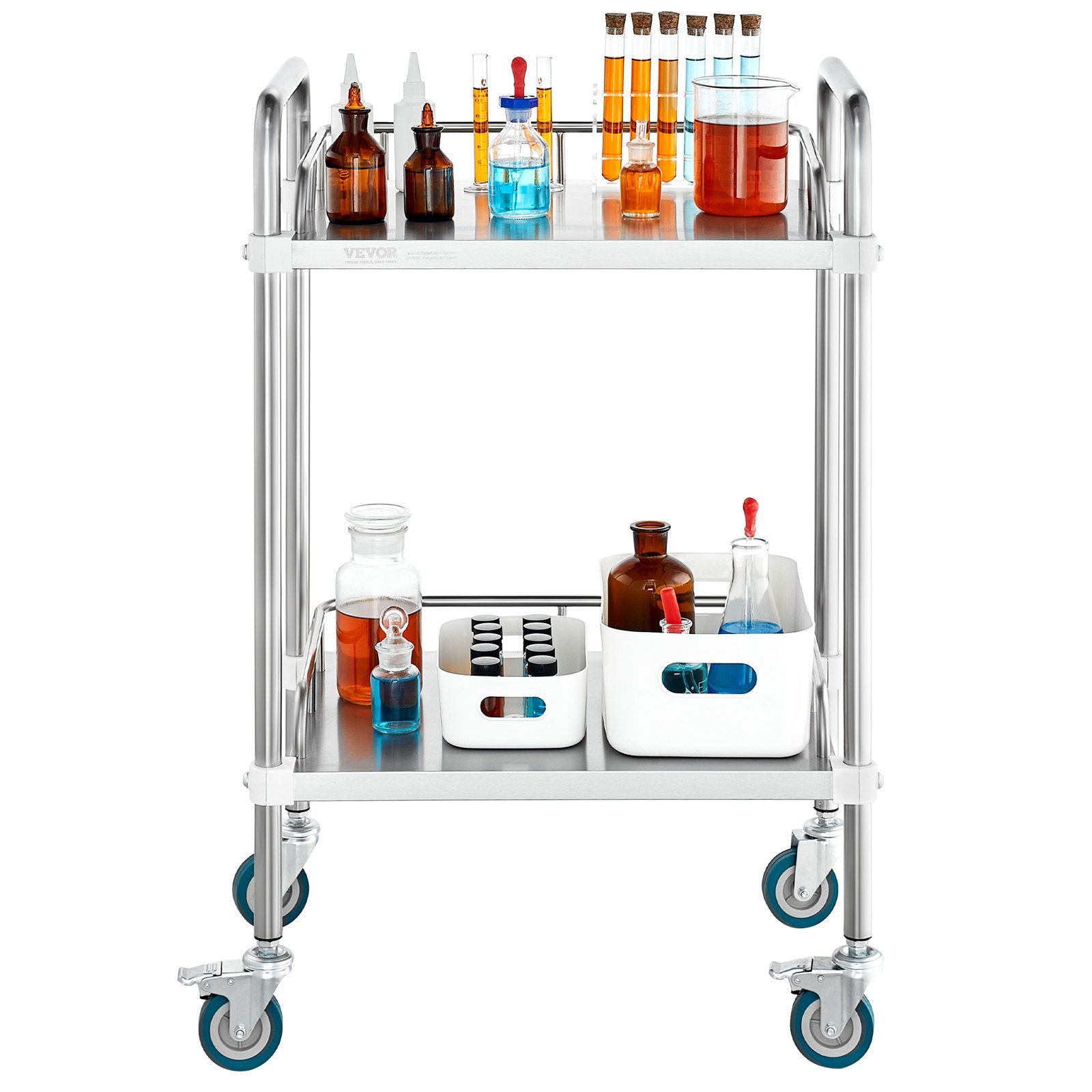 Lab Rolling Cart, 2-Shelf Stainless Steel Rolling Cart, Lab Serving Cart with Swivel Casters, Dental Utility V952-SYSST42014302X42AV0