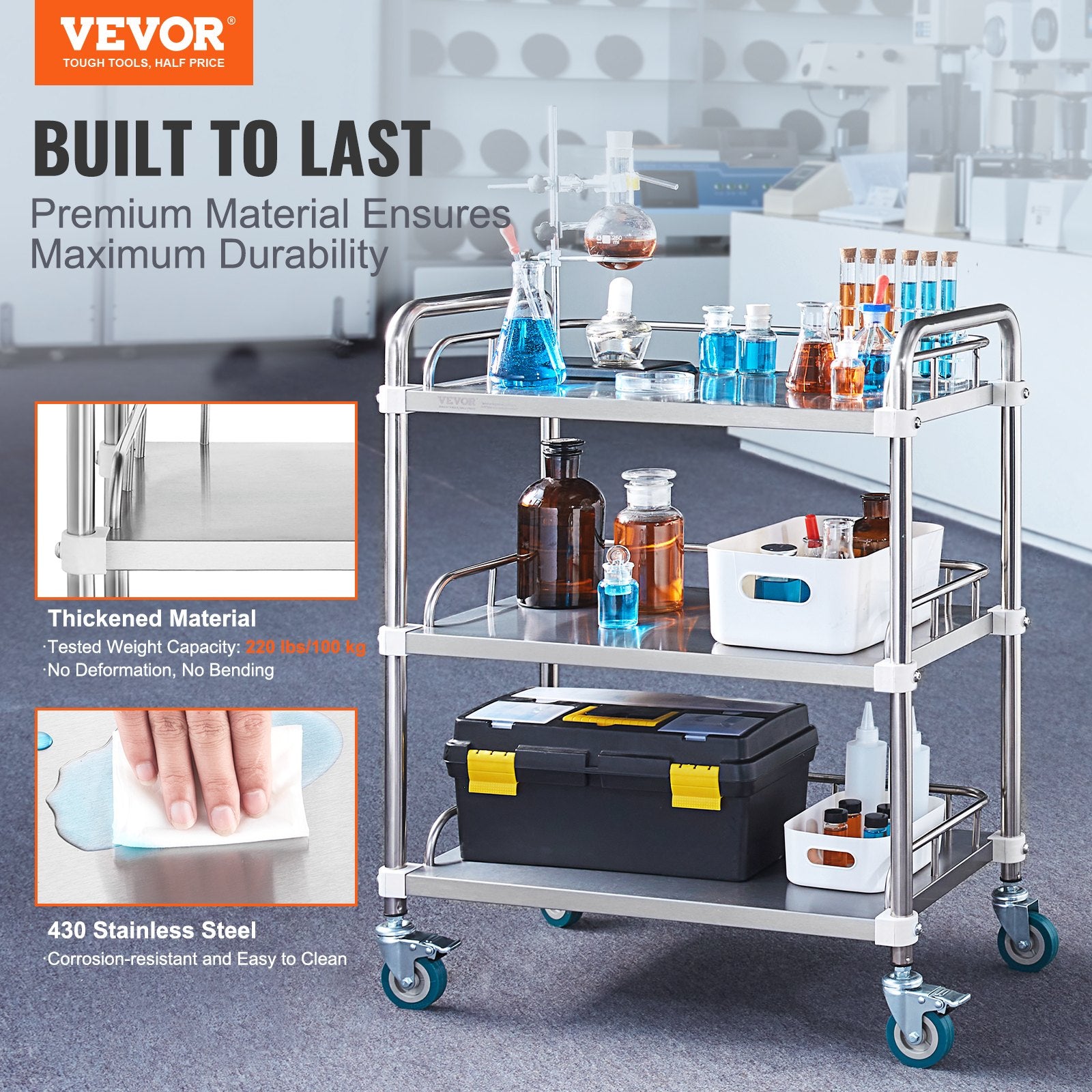 Lab Rolling Cart, 3-Shelf Stainless Steel Rolling Cart, Lab Serving Cart with Swivel Casters, Dental Utility V952-SYSST42014303UK85V0