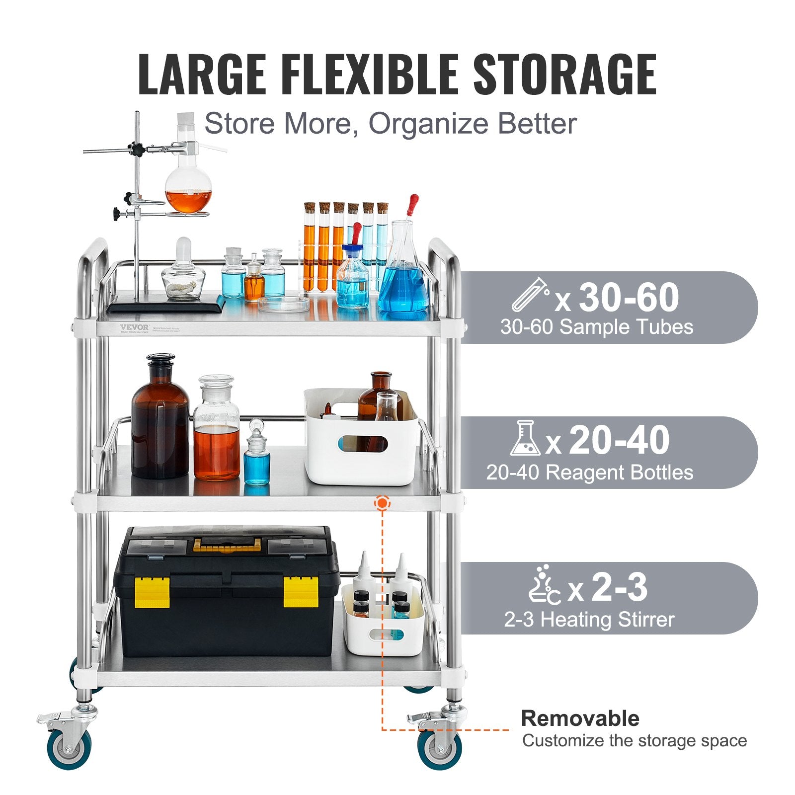 Lab Rolling Cart, 3-Shelf Stainless Steel Rolling Cart, Lab Serving Cart with Swivel Casters, Dental Utility V952-SYSST42014303UK85V0