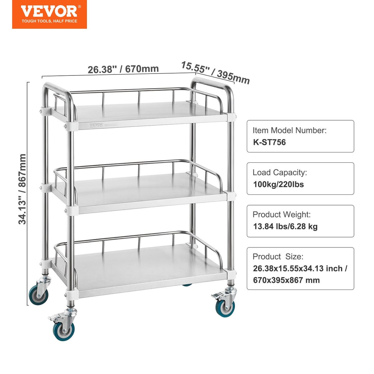 Lab Rolling Cart, 3-Shelf Stainless Steel Rolling Cart, Lab Serving Cart with Swivel Casters, Dental Utility V952-SYSST42014303UK85V0